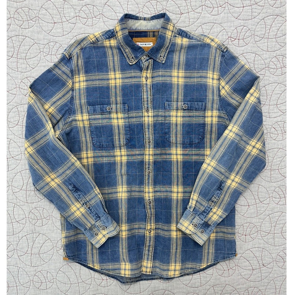 32 Bar Blues Button Down Shirt Blue Yellow Plaid / Mens Large